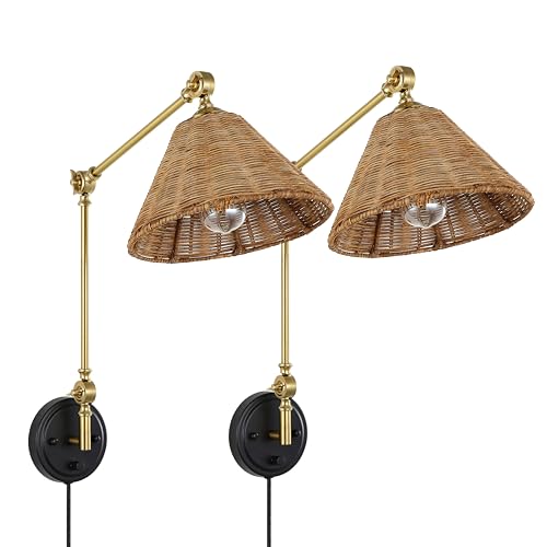 WINGBO Wall Sconce Rattan Wrapped Wall Lamp, Adjustable Swing Arm Wall Light Foldable Gold Light Fixture Vintage Bedside Light Wicker Handmade Shade Reading Light Plug in or Hardwire Gold/Black - color: Gold/Black