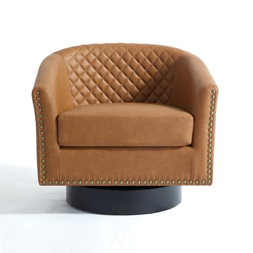 Faux Leather Swivel Accent Chair, Modern Barrel Club Armchair, Coffee | Comfy Living Room Chair, Modern Nailhead Trim Round Armchair Bedroom Reading Seat with Removable Cushion, Wood Frame - color: Retro Coffee