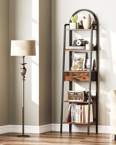 5 Tier Ladder Shelf with Drawer, Tall Ladder Bookshelf, Standing Bookcase with Metal Frame for Living Room, Bathroom, Home Office, Study, Balcony, Rustic Brown and Black TCJ07BF - color: Rustic Brown and Black