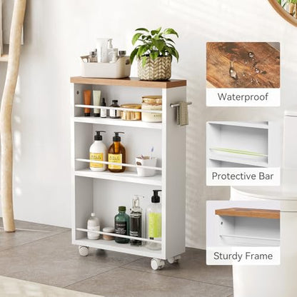 LITTLE TREE 4 Tier Rolling Cart with Wheels, 6.3 Inch Slim Storage Cart, Wooden Snack Cart with Narrow Shelf, White Laundry Room and Bathroom Organizer Shelves - color: White