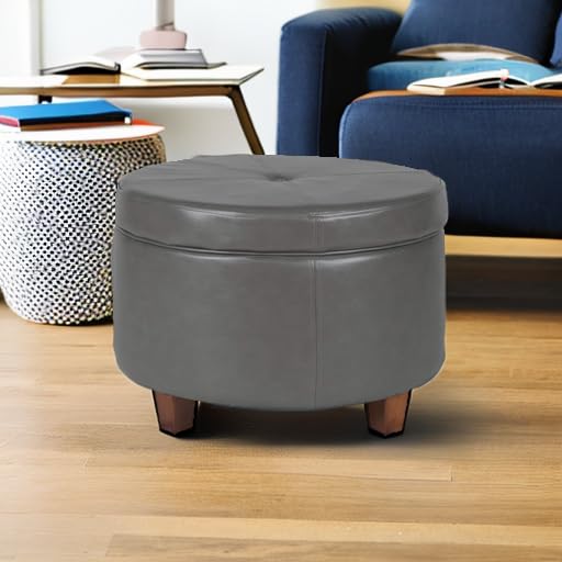 HomePop Round Leatherette Storage Ottoman with Lid, Charcoal Grey Large - color: Gray Faux Leather