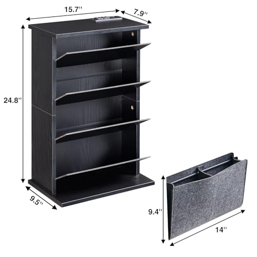 Narrow Side Table with Charging Station Slim End Table with Magazine Book Holder Organizer Rack & Storage Bag, Small Space Skinny Thin Nightstand Couch Sofa Bed Side Table for Bedroom, Living Room