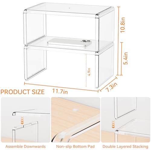 2 Pack Acrylic Cabinet Organizer,2 Tier Stackable Shelves for Cabinets,RV Pantry Organization,Counter Space Saver Desk Organizers,Cupboard Shelf and Cabinet Stand & Risers for Mug,Cup,Dish