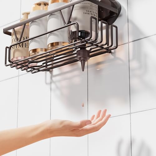 KEGII Shower Caddy Suction Cup 3 Pack, Bathroom Organizer Shelf, Bronze | Removable Rustproof Stainless Steel Rack with Soap Holder and Hooks, No Drill Shower Storage for Shampoo and Bathroom Items
