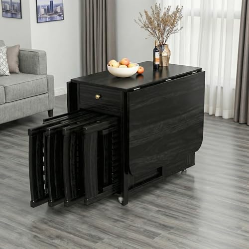Drop Leaf Table and Chairs - 59" Fully Assembled Folding Dining Table 4-6 Seater with Storage and Lockable Wheels, Space-Saving Set with 4 Chairs for Kitchen or Dining Room (Black) - color: Black, size: 59.06″L Table & 4 Chairs