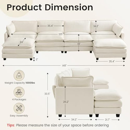 ROWHY Oversized Modular Sectional Couch with 2 Movable Ottoman, 148" Modern Convertible U Shaped Sofa Set, 4 Seat Comfy Cloud Couch with 2 Throw Pillows, for Living Room and Office, Chenille, Beige - color: Chenille Beige, size: 6 Seats U-Shaped