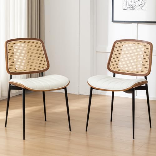 Rattan Dining Room Chairs Set of 2, Mid Century Modern Kitchen Ktichen Chairs,Faux Leather Walnut Wood Finish Side Chair, Metal Legs Desk Chair with Rattan Backrest,White - color: White, size: Set of 2