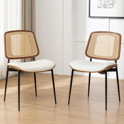 Rattan Dining Room Chairs Set of 2, Mid Century Modern Kitchen Ktichen Chairs,Faux Leather Walnut Wood Finish Side Chair, Metal Legs Desk Chair with Rattan Backrest,White - color: White, size: Set of 2