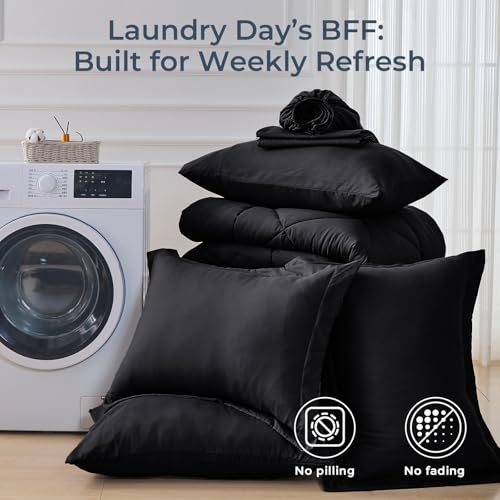 7-Piece Full Comforter Set, Black | Reversible, All-Season, Soft, 7 Piece Set, All-Season Reversible Bed in a Bag, Flat Sheet, Fitted Sheet, Pillowcases - color: Black, size: Full