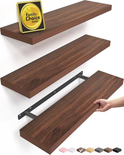 BAYKA Walnut-Like Floating Shelves 22.5in, 3Pack, Wall Mounted Wall Decor | Easy Install, 22lbs Max Load, Hidden Bracket, Shelf for Bathroom Bedroom Kitchen Books Display Storage, Multi-Wall Compatible - color: E. Walnut-like - Timeless Traditional Style,