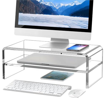 Egchi Clear Acrylic Monitor Stand Riser 2 Tier, 5.12 Inches High Clear Computer Desk Organizer Shelf for Multi Media PC Storage Laptop | Clear, Desk Shelf, for Multi Media PC Storage, Laptop Stand - size: 16''x8''x5.12''-2 Tiers