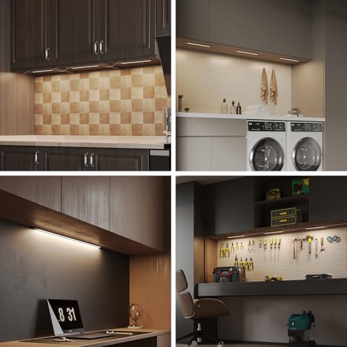 LUMILAND 6 Pcs 12-inch Led Under Cabinet Lighting Plug-in with Hand Wave, Dimmable 6000K Cold White Under Counter Lights Linkable with Memory Function for Kitchen