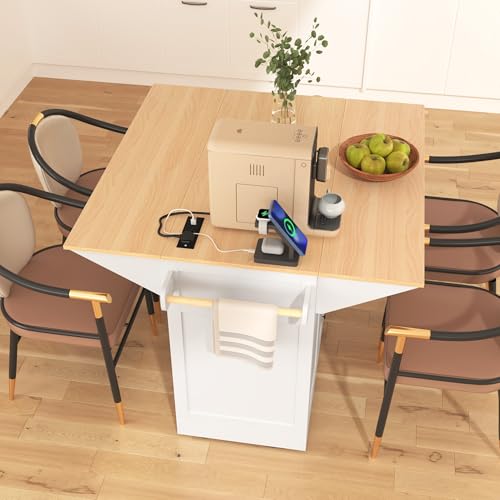 Kitchen Island with 2 Drop Leaf, Home Cart Island on Wheels Foldable Dining Table with Power Outlets,3 Drawers,Storage Cabinet, Tower Rack(White) - color: White