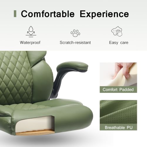 Leather Executive Office Chair - Comfy Green Desk Chair Small Space | Desk Chair with Mid Backrest,5 Wheels,Mid Backrest,Lumbar Support, Height Adjustable,home office reading Gaming Use - color: Green