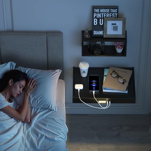 TEAMIX Floating Nightstand with Charging Station, Wall Mounted Folding Bedside Shelf Combo Nightstand with Led Light USB Type C Ports, Space Saving Bed Side Tray Storage for Bedroom, Living Room, Dorm - color: Black, size: Upgraded