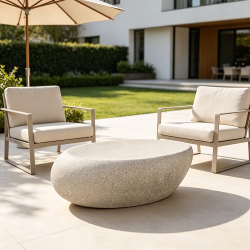 Fiberglass Coffee Table,Faux Stone Finish Indoor Outdoor Weatherproof Accent Table (43.31'') - color: 43.31'' Cream White