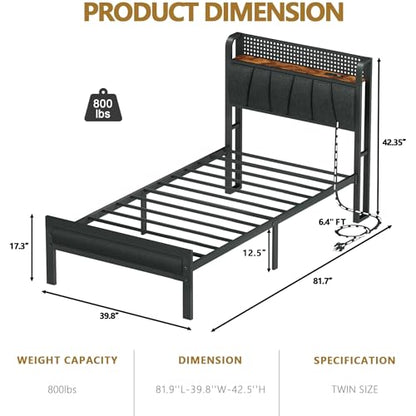 Twin Size Bed Frame with Storage Shelf and Upholstered Headboard | Metal Platform Bed with LED Light, Charging Station and Heavy Duty Slats, No Box Spring Needed, Noise Free & Easy Assembly - size: Twin, style: Bed Frame