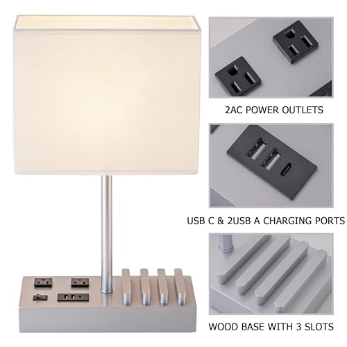 Dreamholder Bedside Table Lamp with 3 USB Charging Ports, 2 AC Outlets and 3 Phone Stands, Modern USB Desk Lamp with Silver Wooden Base