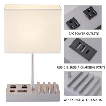 Dreamholder Bedside Table Lamp with 3 USB Charging Ports, 2 AC Outlets and 3 Phone Stands, Modern USB Desk Lamp with Silver Wooden Base