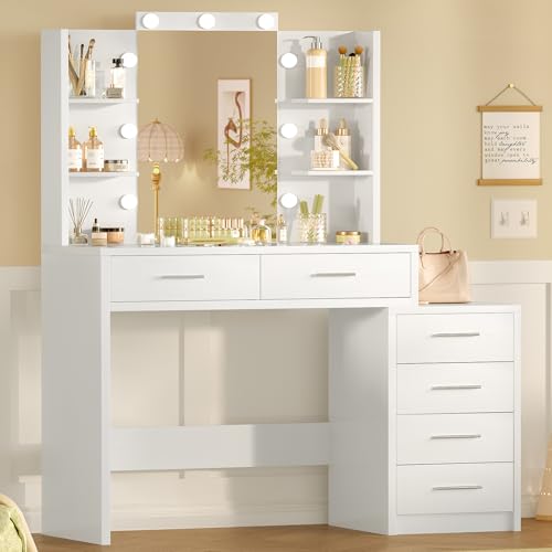 Quimoo 43.3" W Vanity Desk with Mirror and 9 LED Lights, Makeup Vanity with 6 Drawers, 6 Open Shelves, White Vanity for Women Girls, 43.3" W x 13.8" D x 54.3" - color: White 6 Drawers