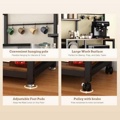 Large Bakers Rack with Power Outlet, Coffee Bar & Microwave Stand | Bakers Rack with Power Outlet, Coffee Bar Station & Microwave Cart, Metal Kitchen Storage Shelf with Wheels - color: Rustic Brown