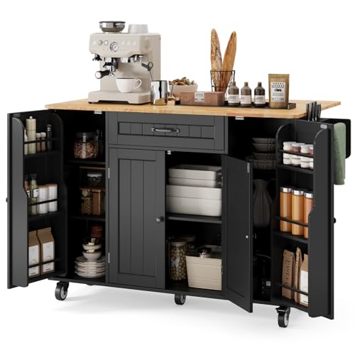 47.6" Kitchen Island with Storage, Drop Leaf, Knife Holder, Black | Island Table for Kitchen with Door Cabinet, Drawer, Spice Rack, Towel Rack, and Knife Holder for Kitchen, and Living Room - size: 47.6 Inch-Black
