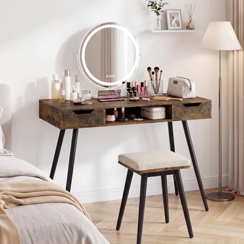 GIANTEX Mid Century Modern Computer Desk with Drawers, 42.5" Writing Desk with Open Storage Cubby, Vanity Table with Metal Leg, Compact Wooden Study Table for Small Spaces Home Office (Rustic Brown) - color: Rustic Brown