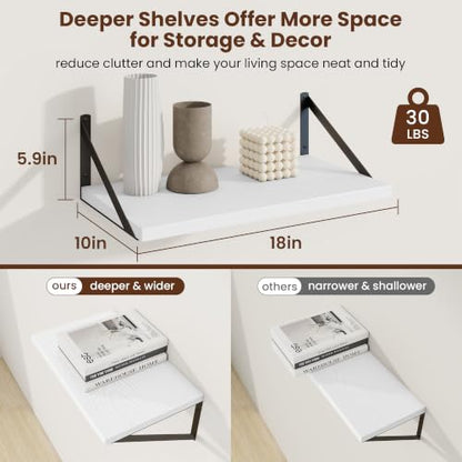Deep Floating Shelves, 18'' x 10'' White Wall Shelves Set of 2 | 10 Inch Deep Shelves with Heavy Duty Brackets, Rustic Wood Shelves for Bathroom Living Room, Engineered Wood, 30LBS - color: White, size: 18W x 10D