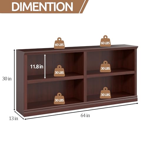 blini Low Horizontal Bookshelf Double Wide 64" 2-Tier Bookcase 4 Cube Storage Organizer Cherry Wood Bookcases for Bedroom and Home Office Decor Display - color: Mahogany, size: 2-shelf