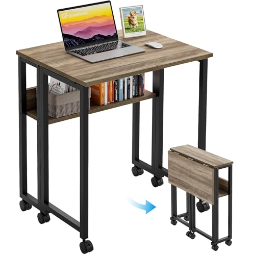 GreenForest Folding Desk with Wheels, 24.8" Rolling Table for Small Spaces | Storage Shelf, Lockable Casters, Compact Portable Workstation, Space-Saving Foldable Sofa Table, Home Office, Mobile, Grey - color: Grey Wash, size: 24.8 inch