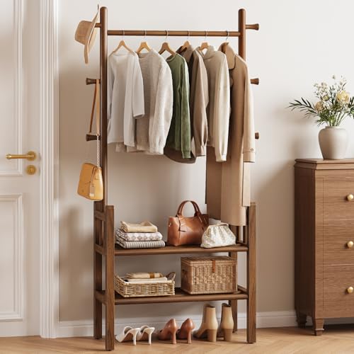 Yoobure Solid Wood Clothing Rack with Shelves - Coat Rack Freestanding with 6 Hooks, 3-in-1 Hall Tree for Hanging Clothes, Tall Garment Racks with Storage for Bedroom, Entryway, Living Room, Closet - color: Walnut