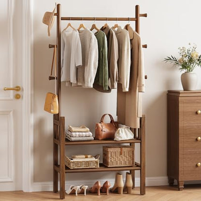 Yoobure Solid Wood Clothing Rack with Shelves - Coat Rack Freestanding with 6 Hooks, 3-in-1 Hall Tree for Hanging Clothes, Tall Garment Racks with Storage for Bedroom, Entryway, Living Room, Closet - color: Walnut
