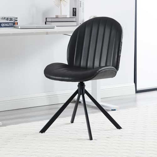 PU Leather Swivel Office Chair No Wheels, Small Comfy Mid Century Armless Desk Chair, Cute Swivel Vanity Chairs No Wheels for Small Spaces, Bedroom,Living Room,Home Office, Black - color: Black-pu