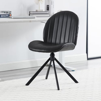 PU Leather Swivel Office Chair No Wheels, Small Comfy Mid Century Armless Desk Chair, Cute Swivel Vanity Chairs No Wheels for Small Spaces, Bedroom,Living Room,Home Office, Black - color: Black-pu