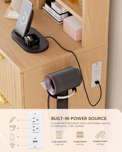LIVELYGLOW 35.4" Wooden Makeup Vanity Set with Charging Station & Stool | Smart LED Mirror, Fluted Design, Cushioned Stool, Hairdryer Rack - color: Wooden