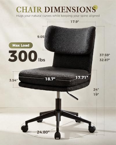 COMHOMA Vanity Chair with Ergonomic Curved Backrest, Home Office Desk Chair with Silent Wheel, Wide Seating Computer Chair for Girls Women Bedroom, Soft Teddy Fabric, Black - color: Black, Teddy Fleece