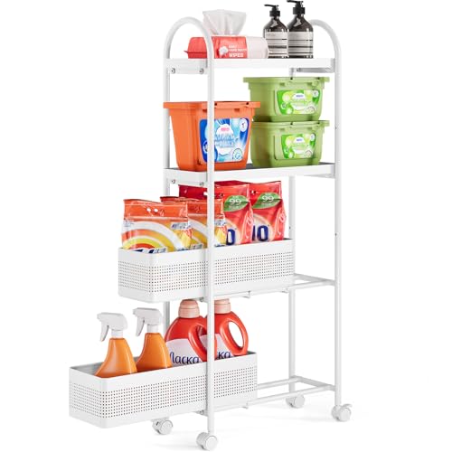 KINGRACK 4 Tier Slim Rolling Cart with Drawer, Metal Utility Storage Cart | 2 Pull-out Baskets, Lockable Wheels, Narrow Space Trolley Organizer for Bathroom, Kitchen, Office, Dorm, Laundry Room, White - color: White, size: 4 Tier-2BKT