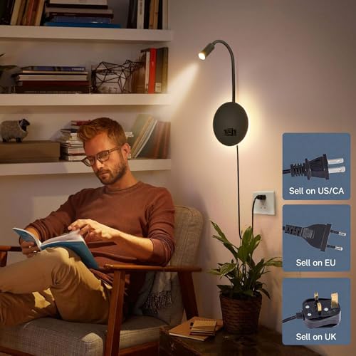 Wall Mounted Reading Light with USB & USB-C Charging Port, Plug-in LED Headboard Reading Light, with Ambient Lighting, Bedside Spot Wall Lamps with Flexible Gooseneck, Black Finished - color: Not Dimmable/Warm White/USB&USB-C