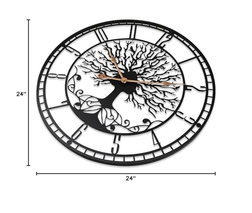 Dankeit Tree of Life Wall Clock, 24inch Black Metal Wall Clock, Silent Quartz Movement, Modern Home Decor - color: D