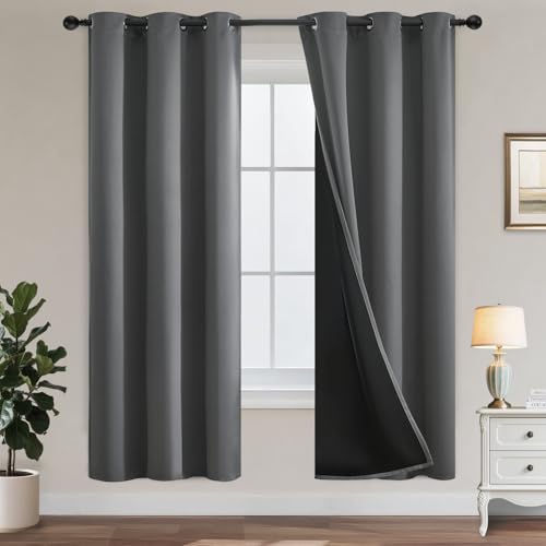 Yakamok Grey Blackout Curtains 72 inches Long for Bedroom 38" Wide 2 Panels | Thermal Insulated Window Treatment Total Blocking Panels with Black Liner for Living Room/Dining Room/Kids Room Grommet Top - color: Grey, size: 38"W x 72"L (Pack of 2)