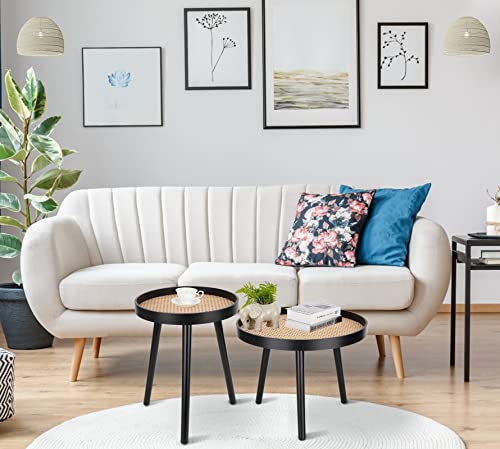 Rattan Round Side Table, Black Small End Table, Accent Table, Modern Boho Bedside Table, Mid-Century Patio Side Table, End Tables for Living Room Bedroom Office Balcony - color: Black-set