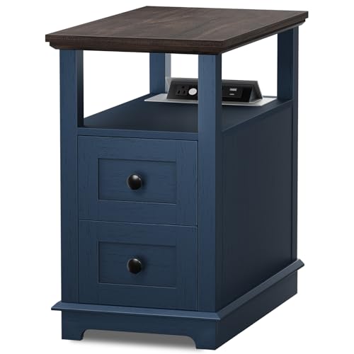 HIFYOBRO 2 Drawers End Table with Flip Top Charging Station | Narrow Side Table, Type-C & USB Port & Power outlets, Wooden Storage End Table for Living Room, Bedroom - color: Dark Blue, size: 1 Piece