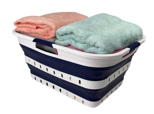 SAMMART 42L (11 gallon) Collapsible Plastic Laundry Basket - Foldable Pop Up Storage Container/Organizer - Space Saving Hamper/Basket (1, White/Starry Blue) - color: White/Starry Blue