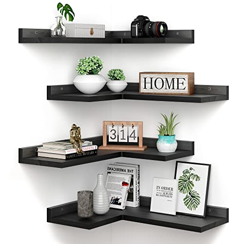 4 Tier Floating Corner Shelves Black Set of 4, Rustic Pine Wooden Floating Corner Wall Shelf for Wall Décor Storage, L Shaped Corner Shelf Wall Mount For Bedroom, Living Room, Bathroom, Kitchen. - color: Black Floating Corner Shelves