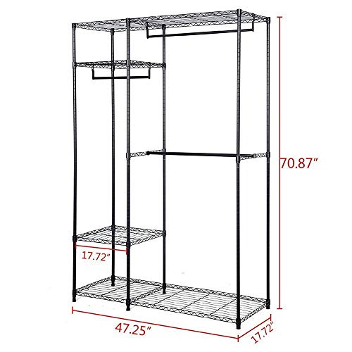 4 Shelves Garment Rack Heavy Duty Clothes Rack Portable Wire Shelving Clothing Racks with 3 Hanging Rod Freestanding Closet Metal Storage Rack Armoire Wardrobe Closet, Max Load 396.9LBS, Black