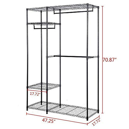 4 Shelves Garment Rack Heavy Duty Clothes Rack Portable Wire Shelving Clothing Racks with 3 Hanging Rod Freestanding Closet Metal Storage Rack Armoire Wardrobe Closet, Max Load 396.9LBS, Black