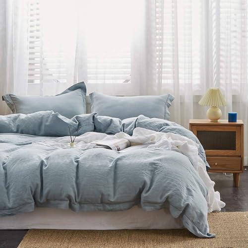 Simple&Opulence 100% Linen Duvet Cover Set with Embroidery Border Washed - 3 Pieces (1 Duvet Cover & 2 Pillow Shams) with Button Closure Soft Breathable Farmhouse - Dusty Blue, Queen Size - color: Dusty Blue, size: Queen