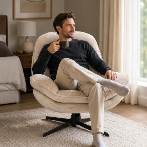 GINGO 24" High Back Swivel Accent Chair Set of 2 for Living Room, Beige | Large Accent Chair, Comfy Reading Chair Oversized, Slightly Rocking Upholstered Armchair, Ergonomic Fabric Modern Chair - color: Beige