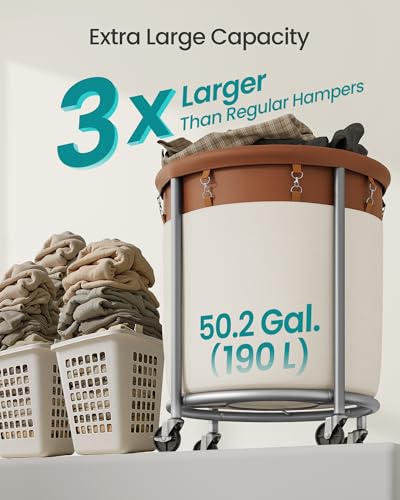 SONGMICS Laundry Basket, Rolling Steel Frame with 2 Locking Wheels, 190 L | Heavy-Duty Laundry Hamper Cart with Removable Bag, Coffee Brown and Cream White, URLS001KQ02 - color: Coffee Brown + Cream White, size: 190 L (1-Section)