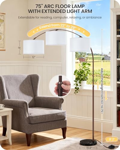 75" Arc Floor Lamp with Marble Base and Adjustable Height, Rotating Hanging Shade, Dimmable Floor Lamp for Living Room with Remote and Foot Switch, 3CCT, Over Couch Arched Light, White Brown VW15LD05 - color: Brown + White